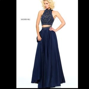 Sherri Hill Navy Two-Piece Taffeta A-line Gown with High Neck Beaded Bodice Sz 0